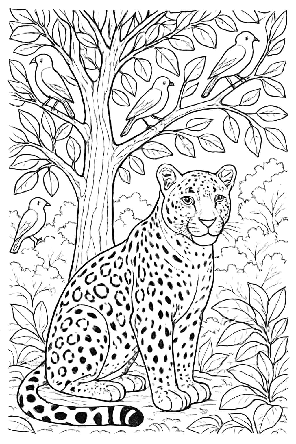 Leopard Coloring Pages - Jungle Birds and Leopard Coloring Sheet