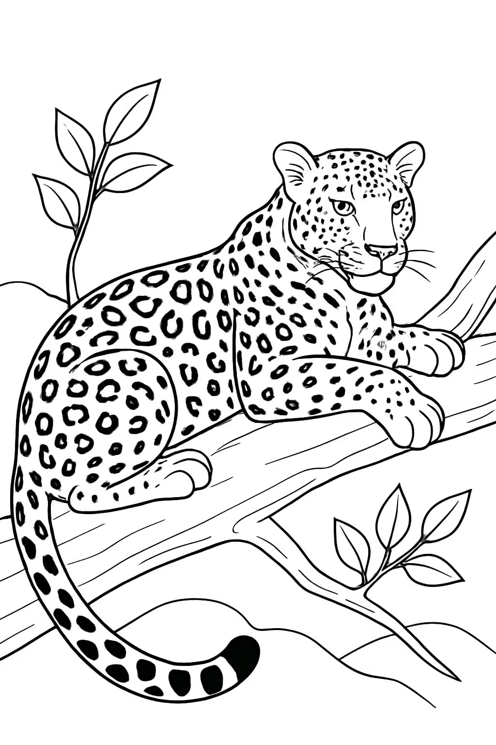 Leopard Coloring Pages – Leopard Resting on Tree Branch Coloring Page