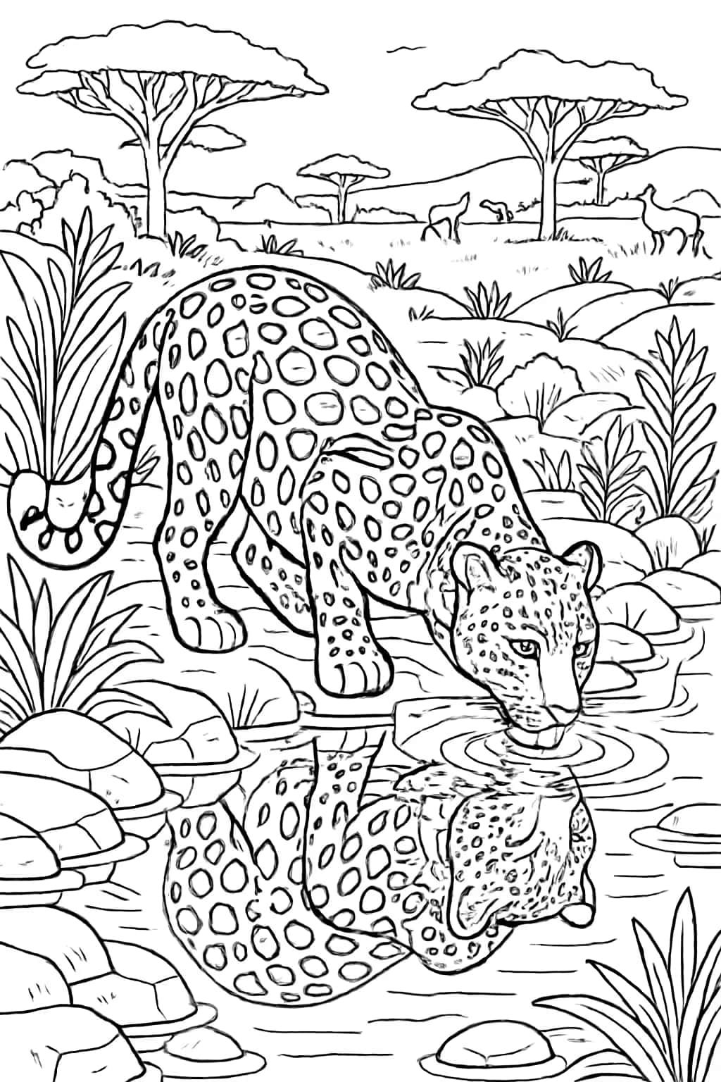 Leopard Coloring Pages - Leopard at Waterhole Detailed Coloring Page