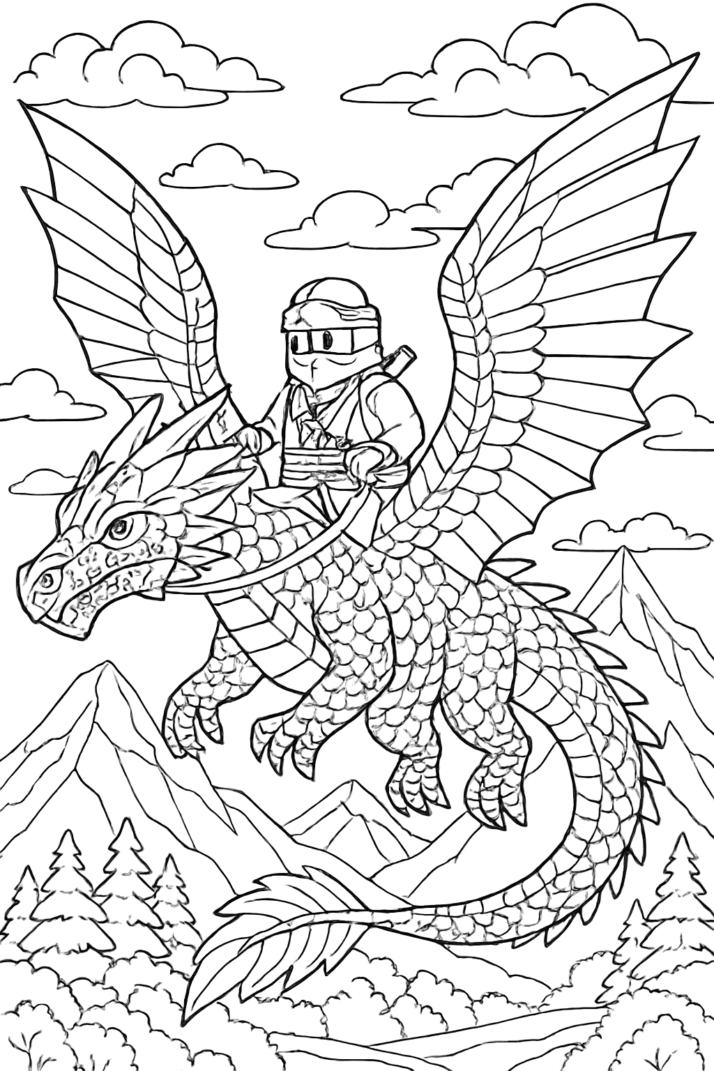 Ninjago Coloring Pages - Ninja Riding Dragon Printable