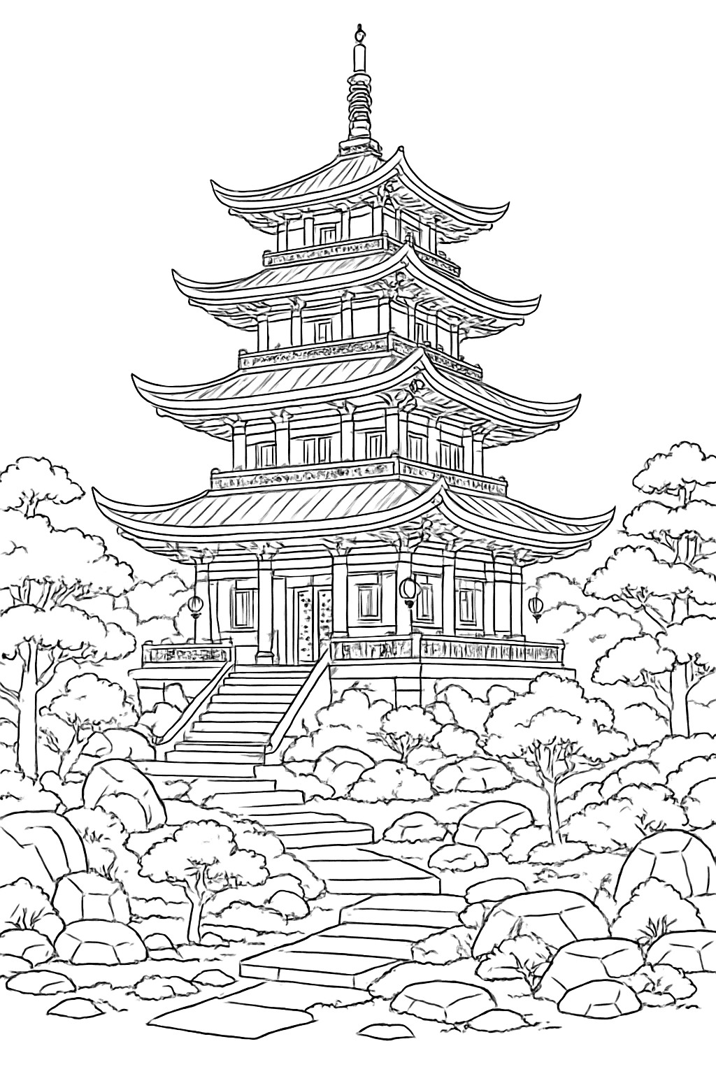 Ninjago Coloring Pages - Temple Complex Scene for Adults