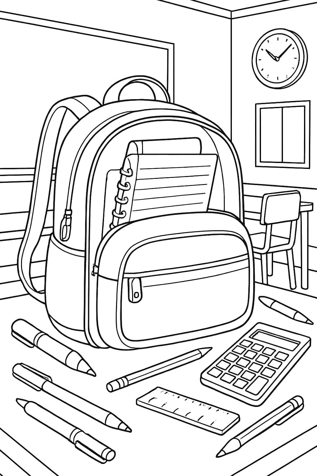 Notebook Paper Coloring Pages - Detailed Backpack Scene for Adults