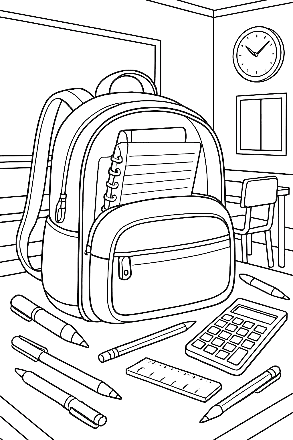 Notebook Paper Coloring Pages - Detailed Backpack Scene for Adults