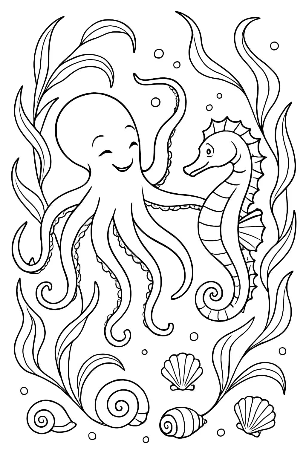 Octopus Coloring Pages – Octopus and Seahorse Dance Printable Sheet