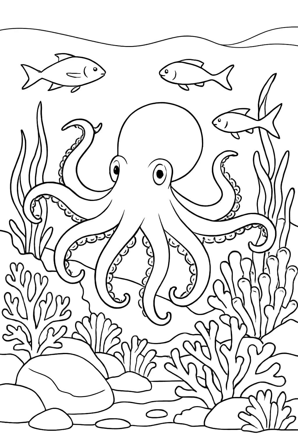 Octopus Coloring Pages - Octopus at Coral Reef Printable for Teens