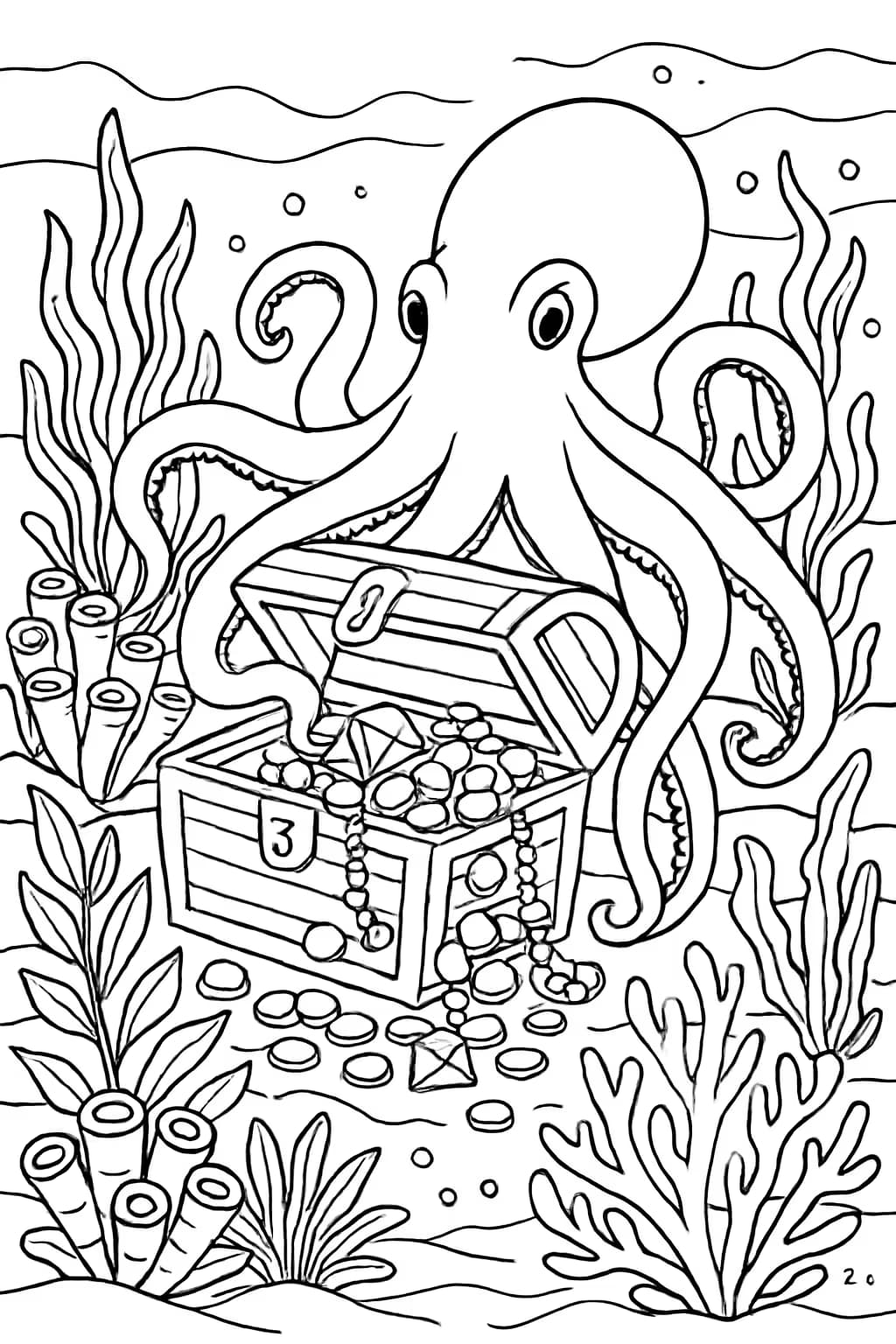 Octopus Coloring Pages – Octopus with Treasure Chest Printable