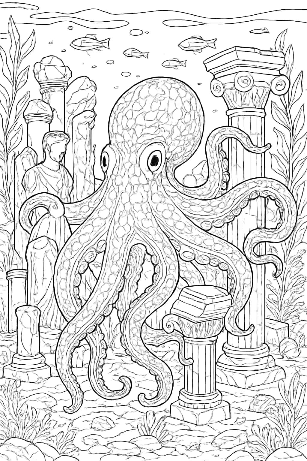Octopus Coloring Pages - Octopus in Ancient Ruins