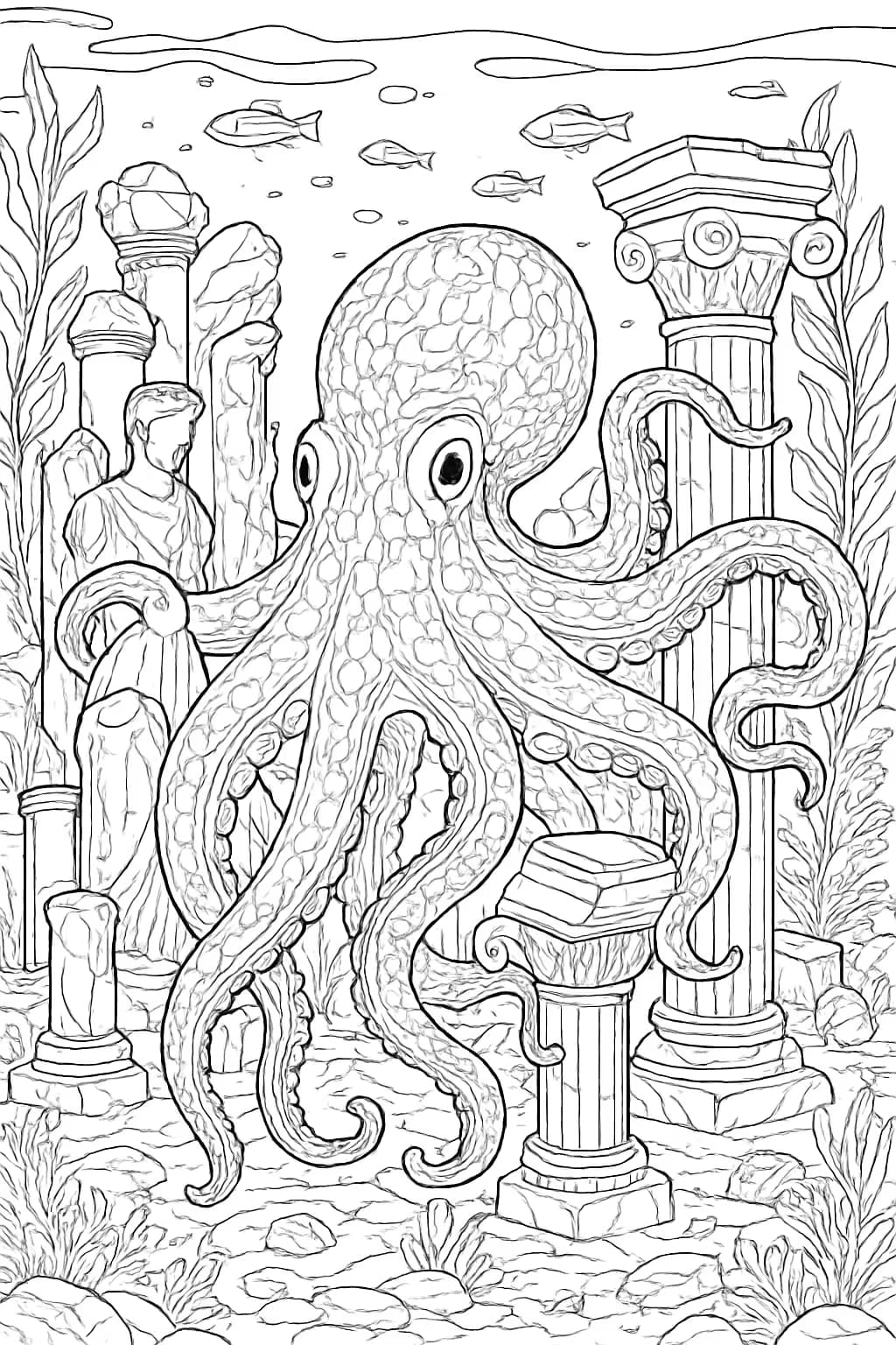 Octopus Coloring Pages – Octopus in Ancient Ruins