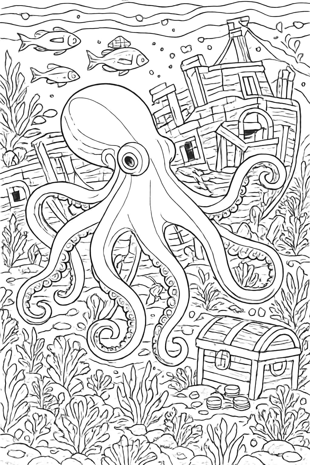 Octopus Coloring Pages - Shipwreck Adventure for Adults