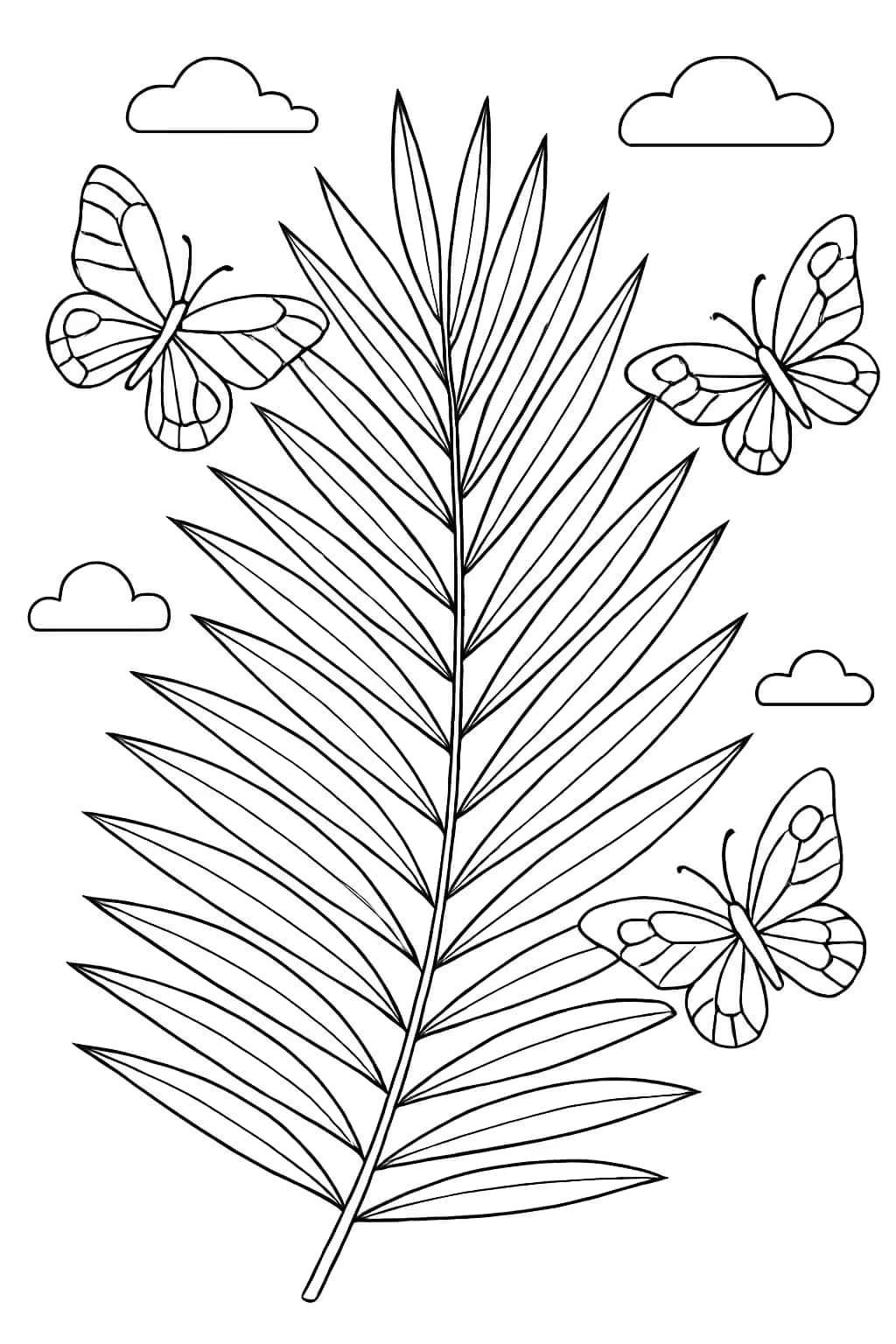 Palm Leaf Coloring Pages - Palm Leaf with Butterflies