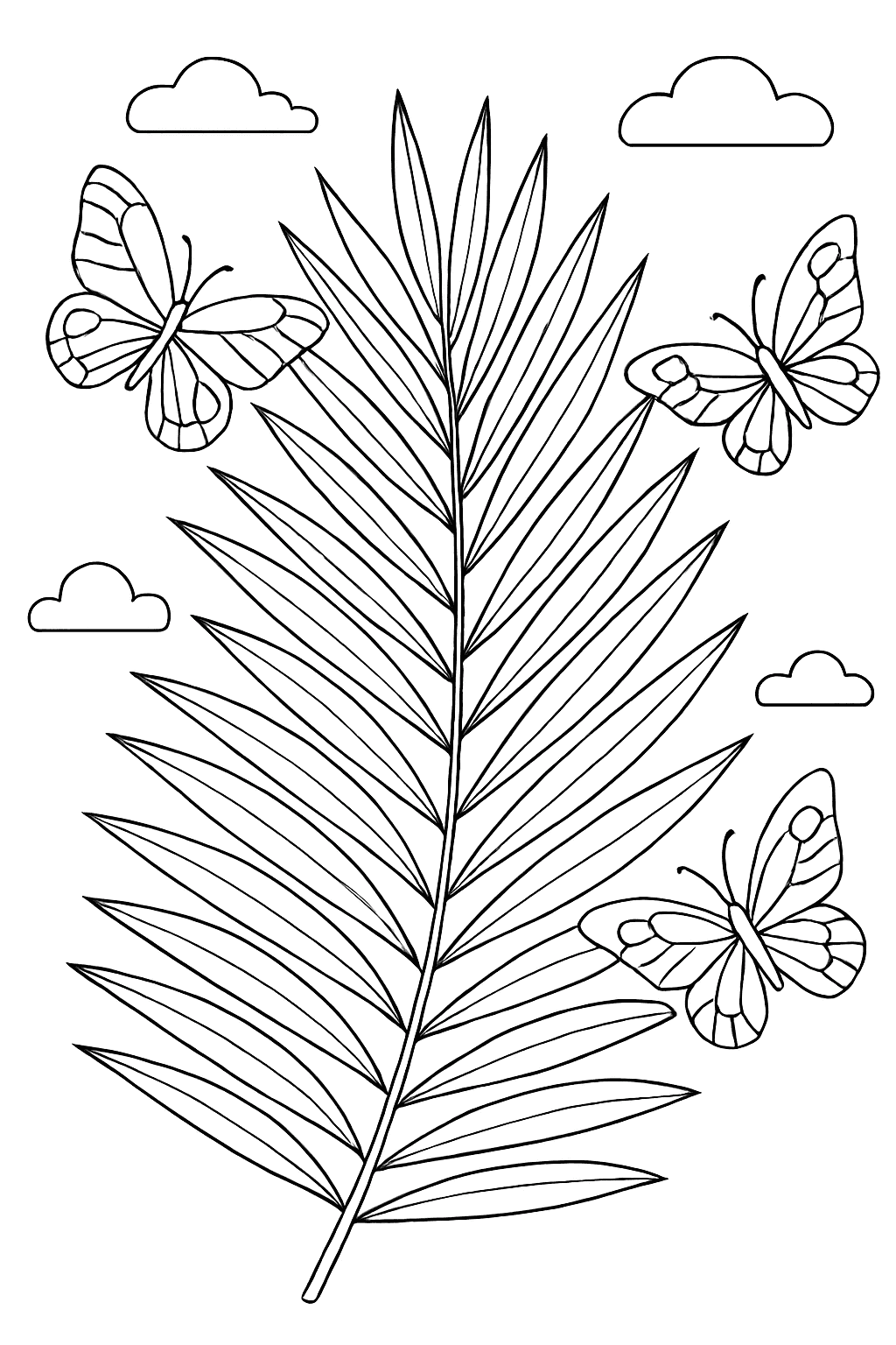 Palm Leaf Coloring Pages - Palm Leaf with Butterflies
