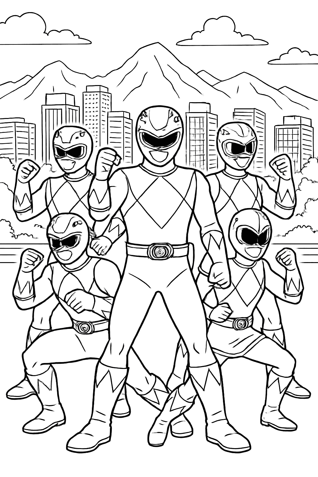 Power Rangers 涂色頁|戰隊組合姿勢線稿