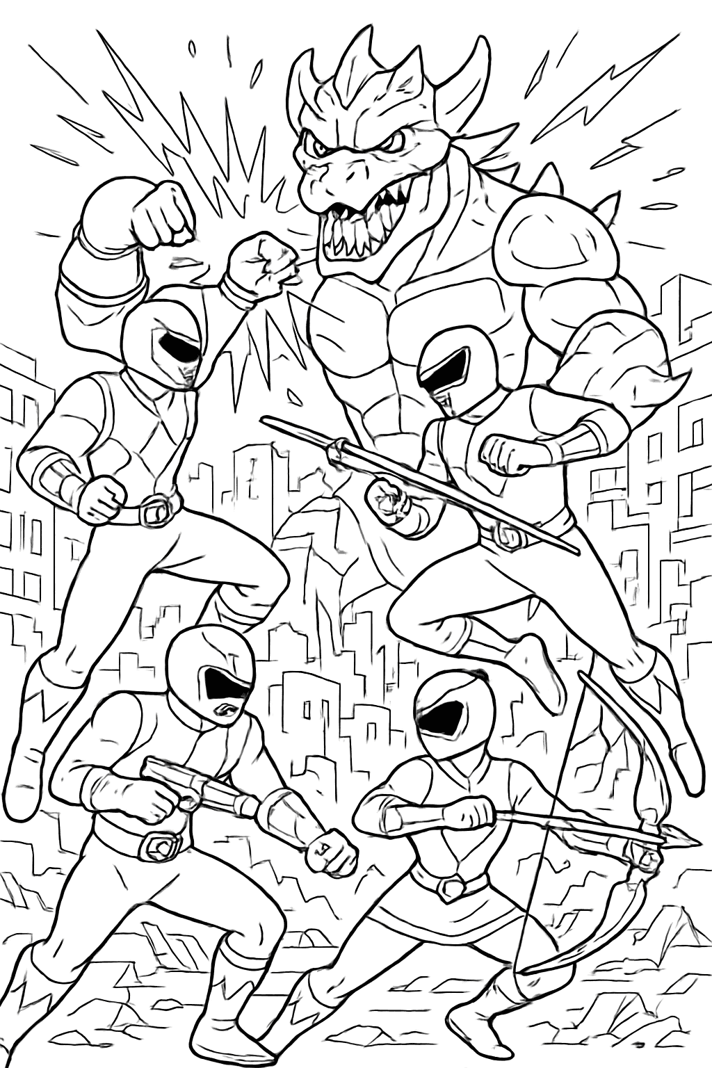 Power Rangers 涂色頁 - 熱血對戰怪獸場景 | 適合青少年列印