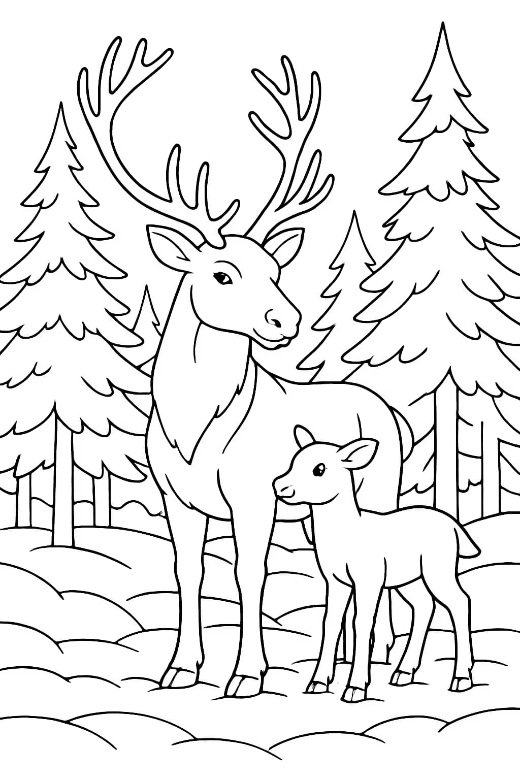 Reindeer Coloring Pages – Reindeer Family in Winter Forest
