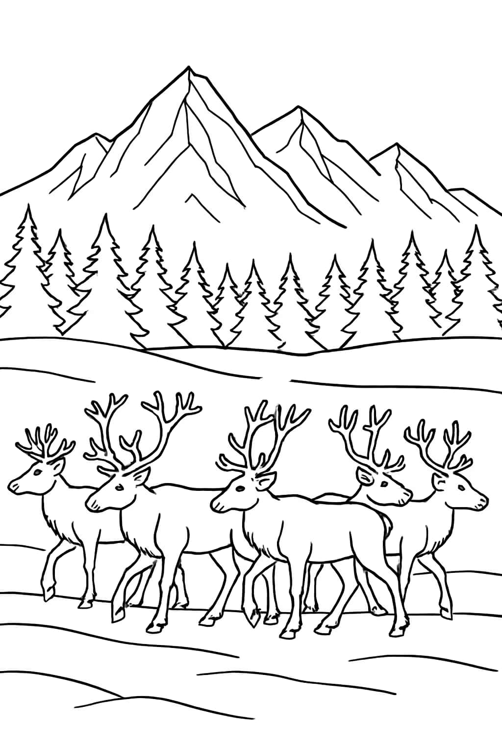 Reindeer Coloring Pages - Migrating Reindeer Herd Scene