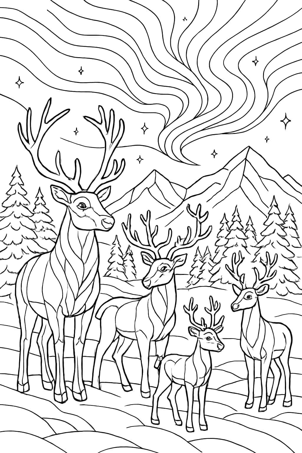 Reindeer Coloring Pages - Northern Lights Winter Scene for Adults