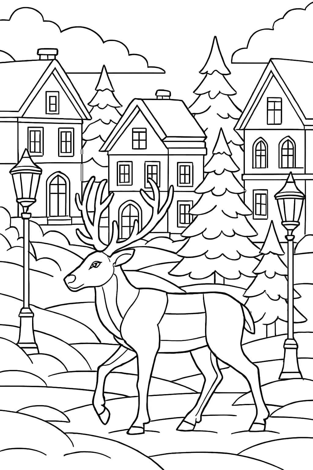 Reindeer Coloring Pages - Winter Village Scene for Adults