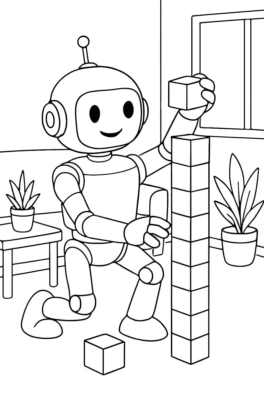 Robot Coloring Pages – Robot Building a Tower Coloring Page for Teens