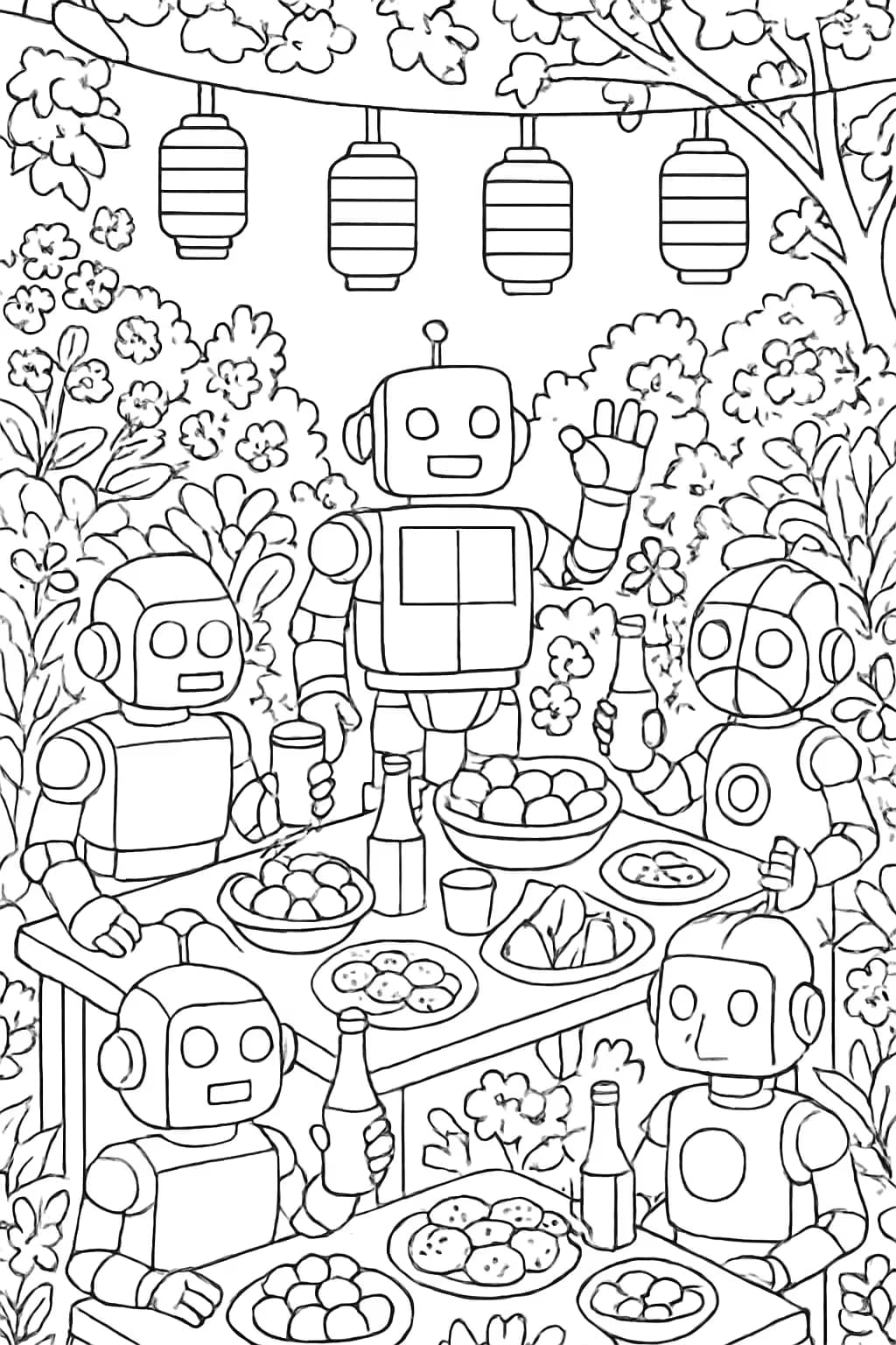 Robot Coloring Pages – Garden Party Coloring Sheet for Adults