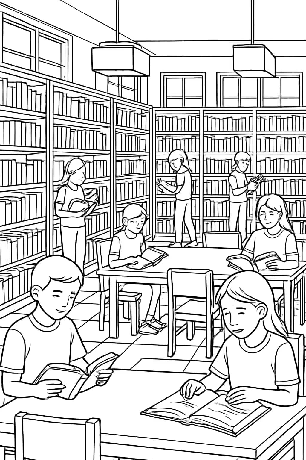 Pages de coloriage sur le thème de l'école – Lecture à la bibliothèque