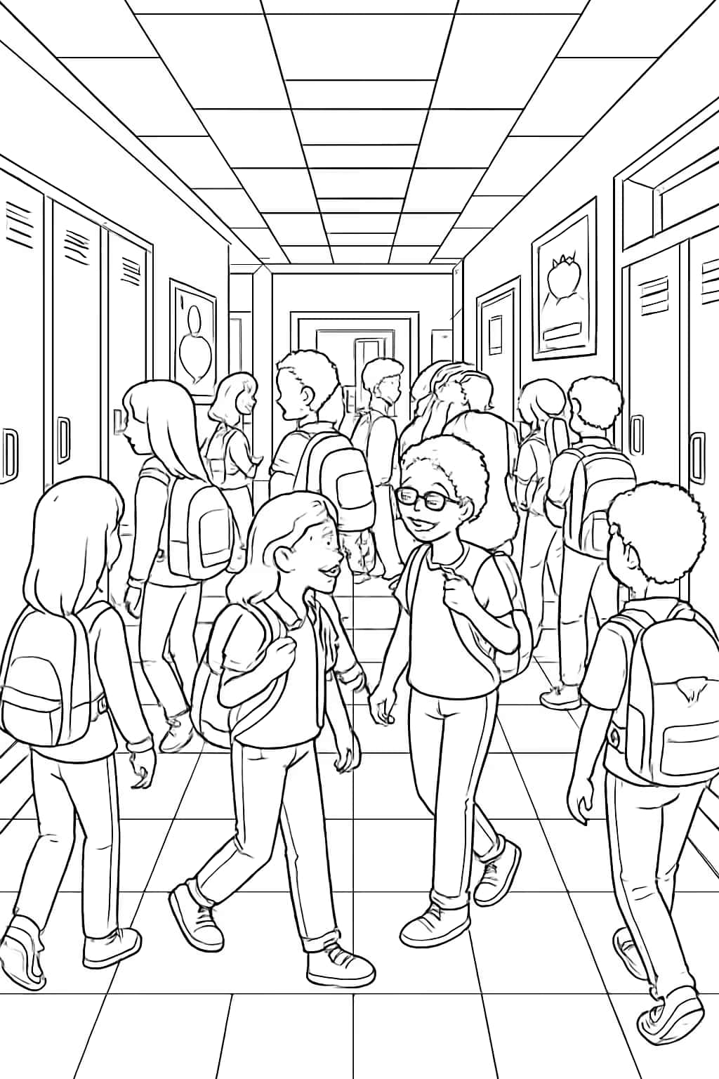 Pages de coloriage sur l'école - Couloir animé