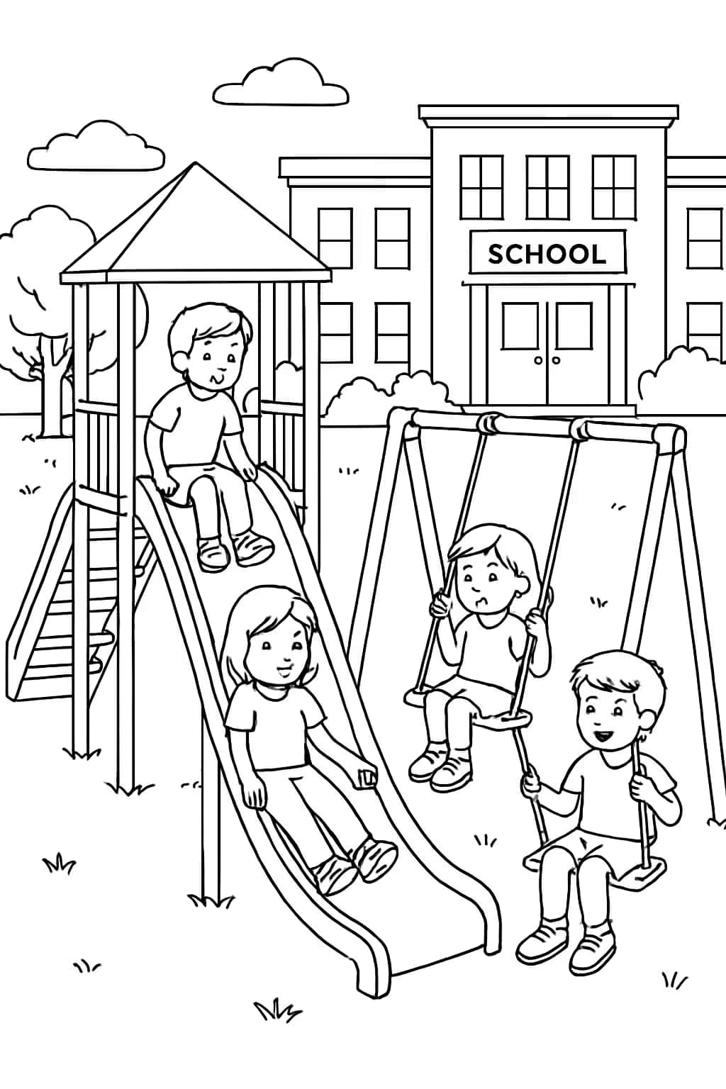 Pages de coloriage sur l'école - Étudiants dans la cour de récréation