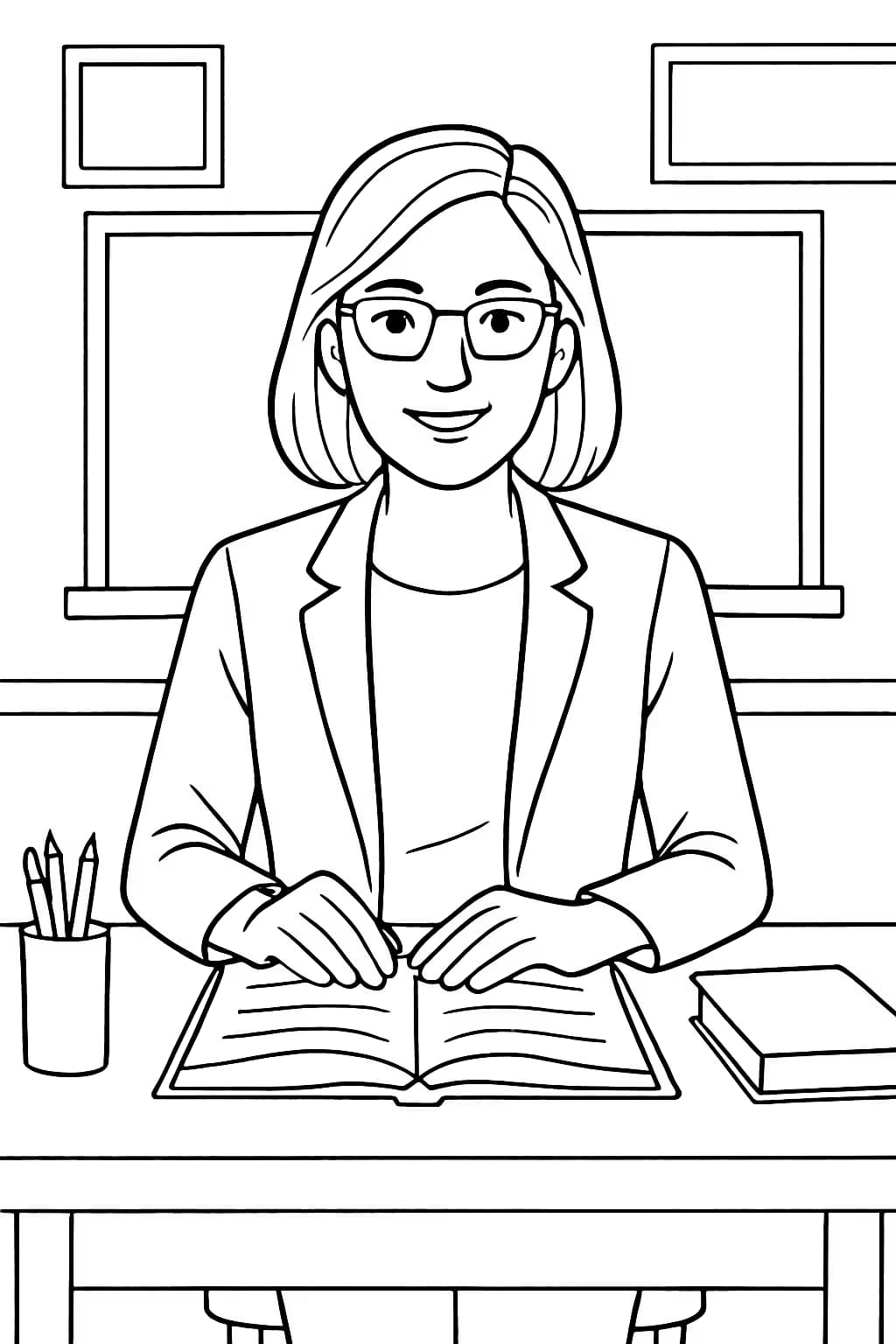 Pages de coloriage école – Maîtresse au bureau