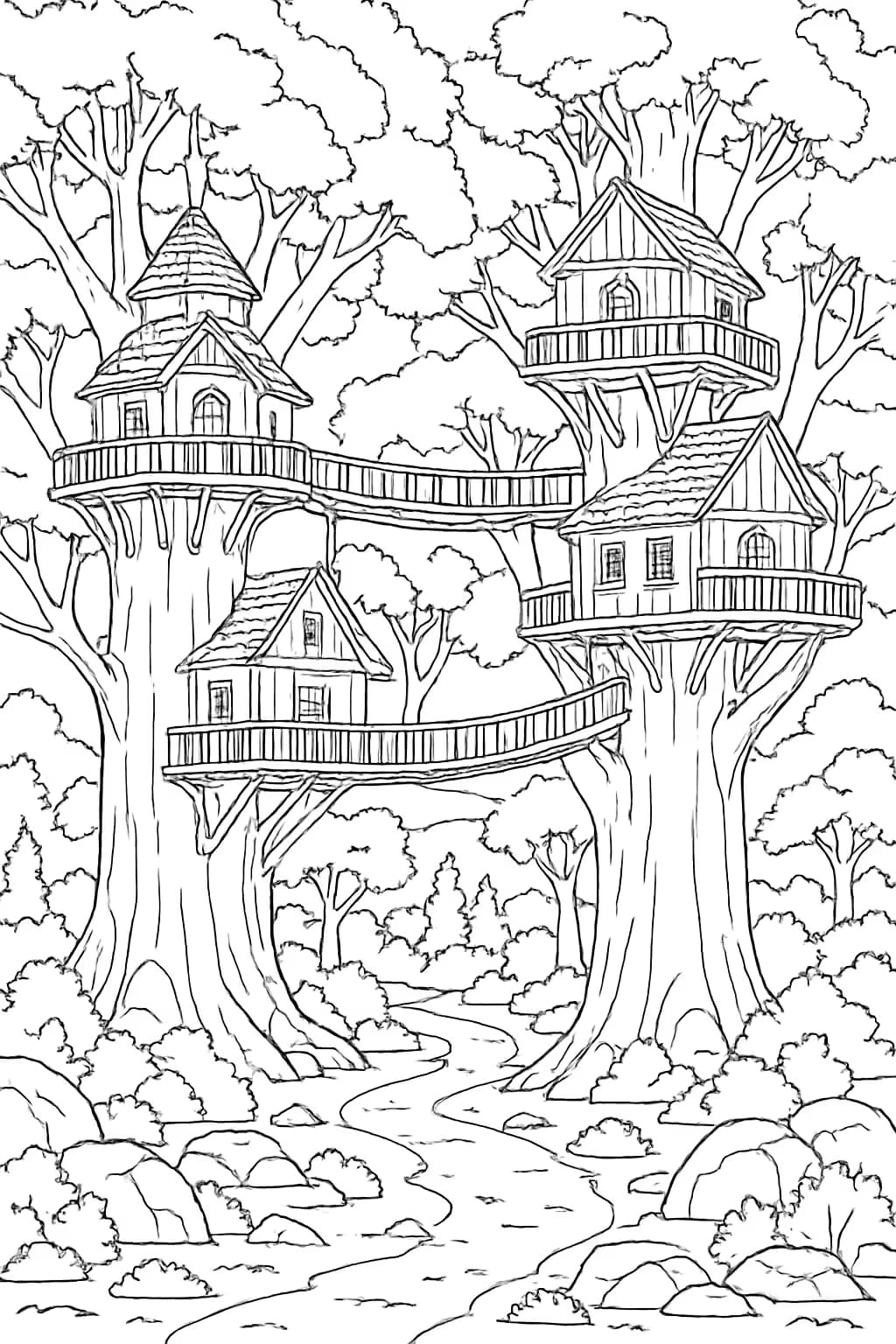 Fantasy Tree Village Coloring Pages for Adults