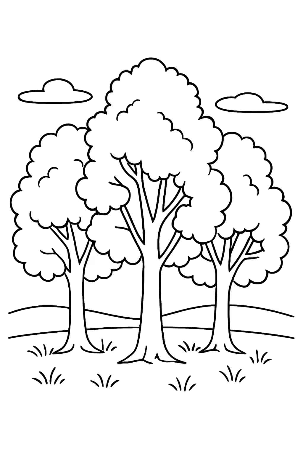 Pages de coloriage d'arbres - Scène de forêt simple pour enfants