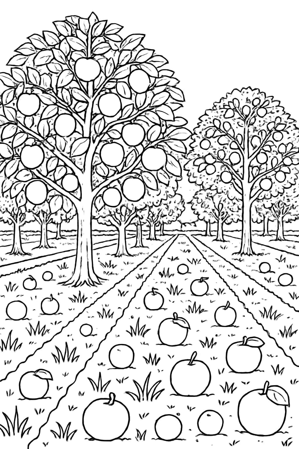 Pages de coloriage d’arbres - Verger de fruitiers