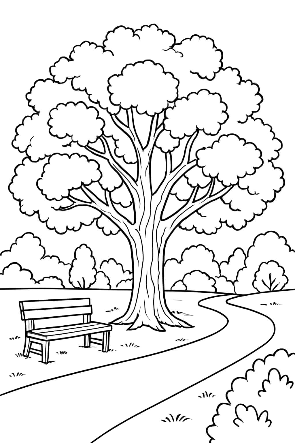 Pages de coloriage arbre - Chêne dans le parc