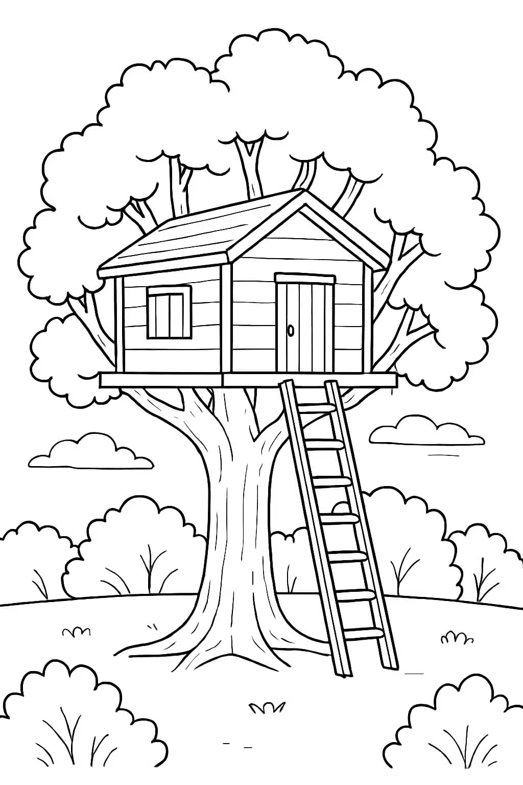 Pages de coloriage d'arbres – Cabane dans l'arbre à imprimer