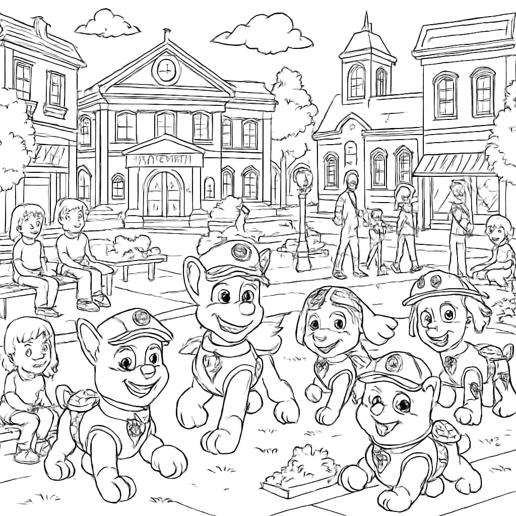 Paw Patrol 색칠공부 페이지 – 어드벤처 베이 타운 광장