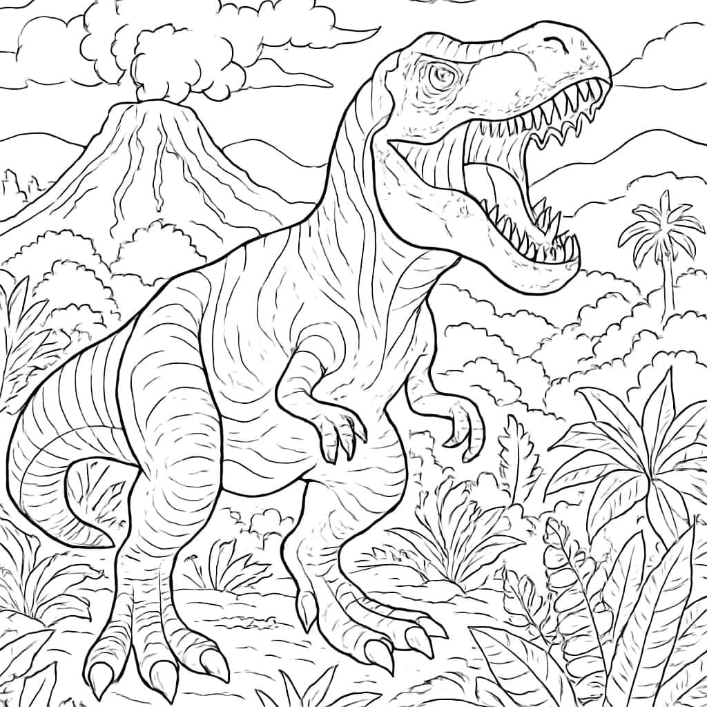 恐龙涂色页|霸王龙咆哮史前风景高清线稿