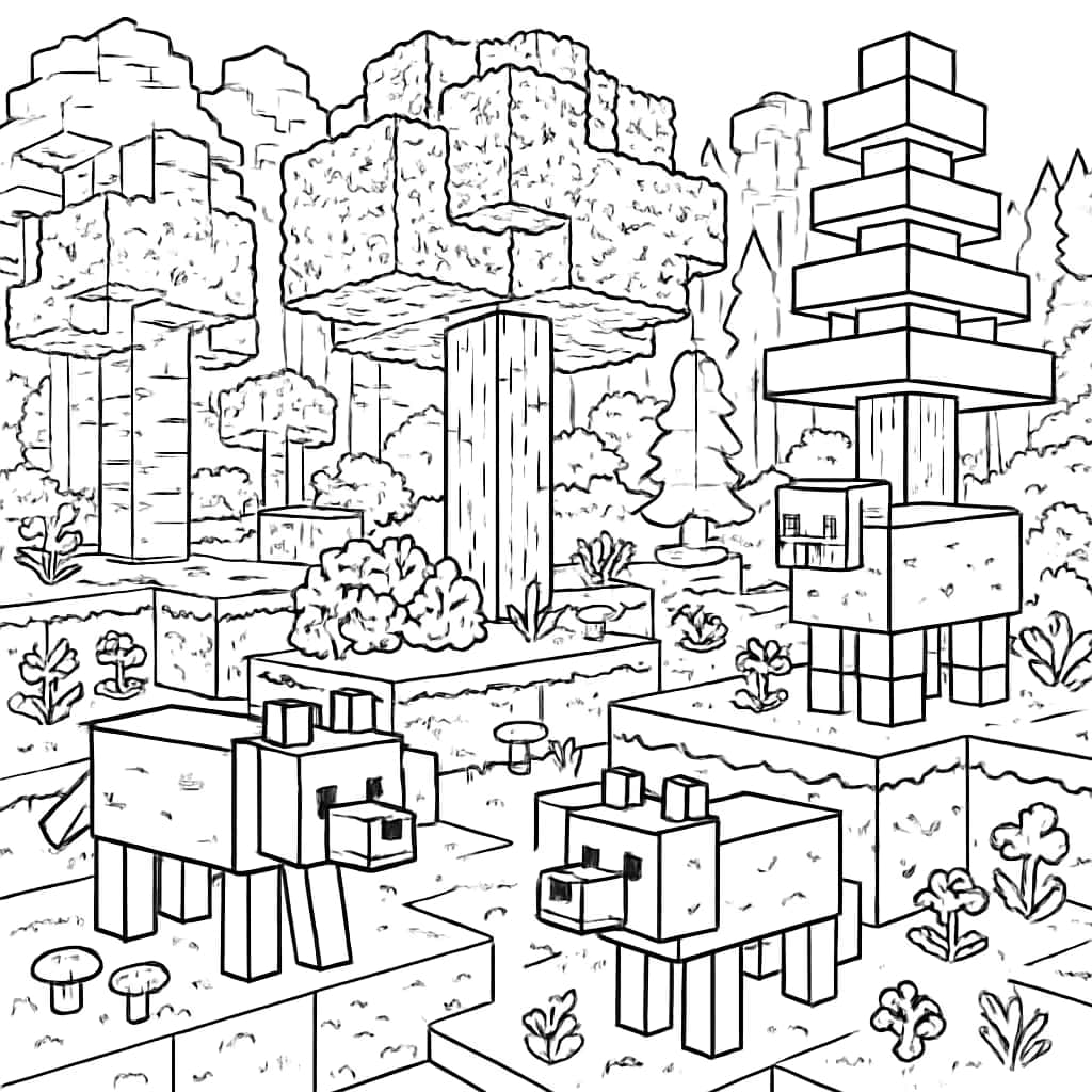 Minecraft Coloring Pages - Detailed Forest Biome for Adults