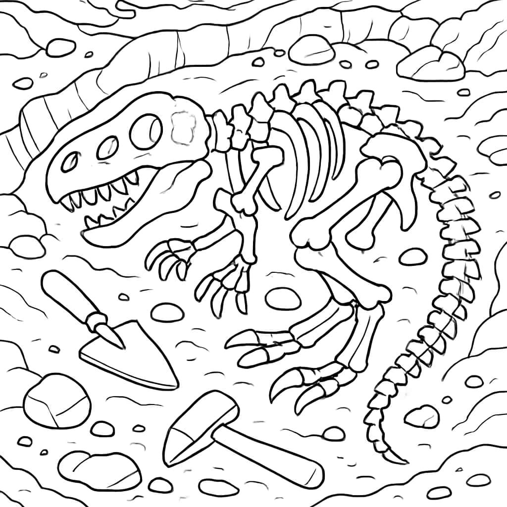 恐龙涂色页|恐龙骨架挖掘现场