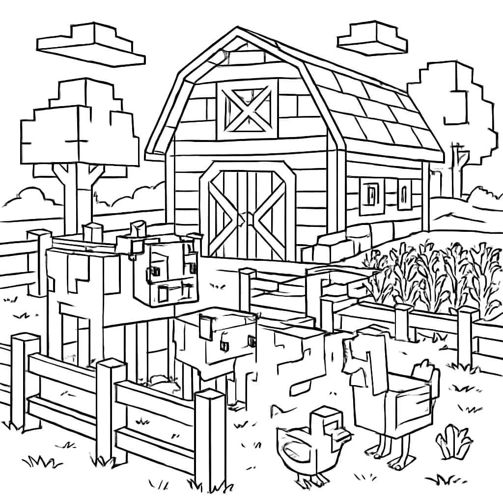 Minecraft Coloring Pages – Farm Life Scene for Teens