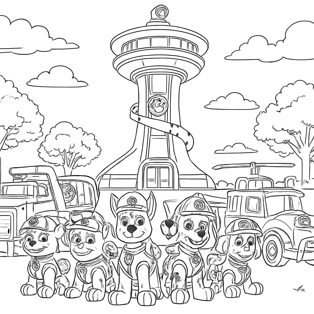 Paw Patrol 컬러링 페이지 – 미션 본부 상세 라인아트