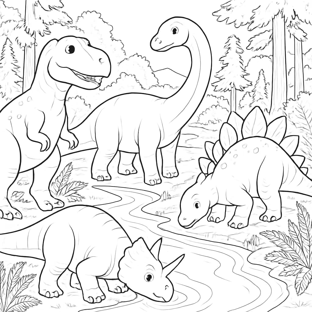 恐龙涂色页:河畔恐龙场景