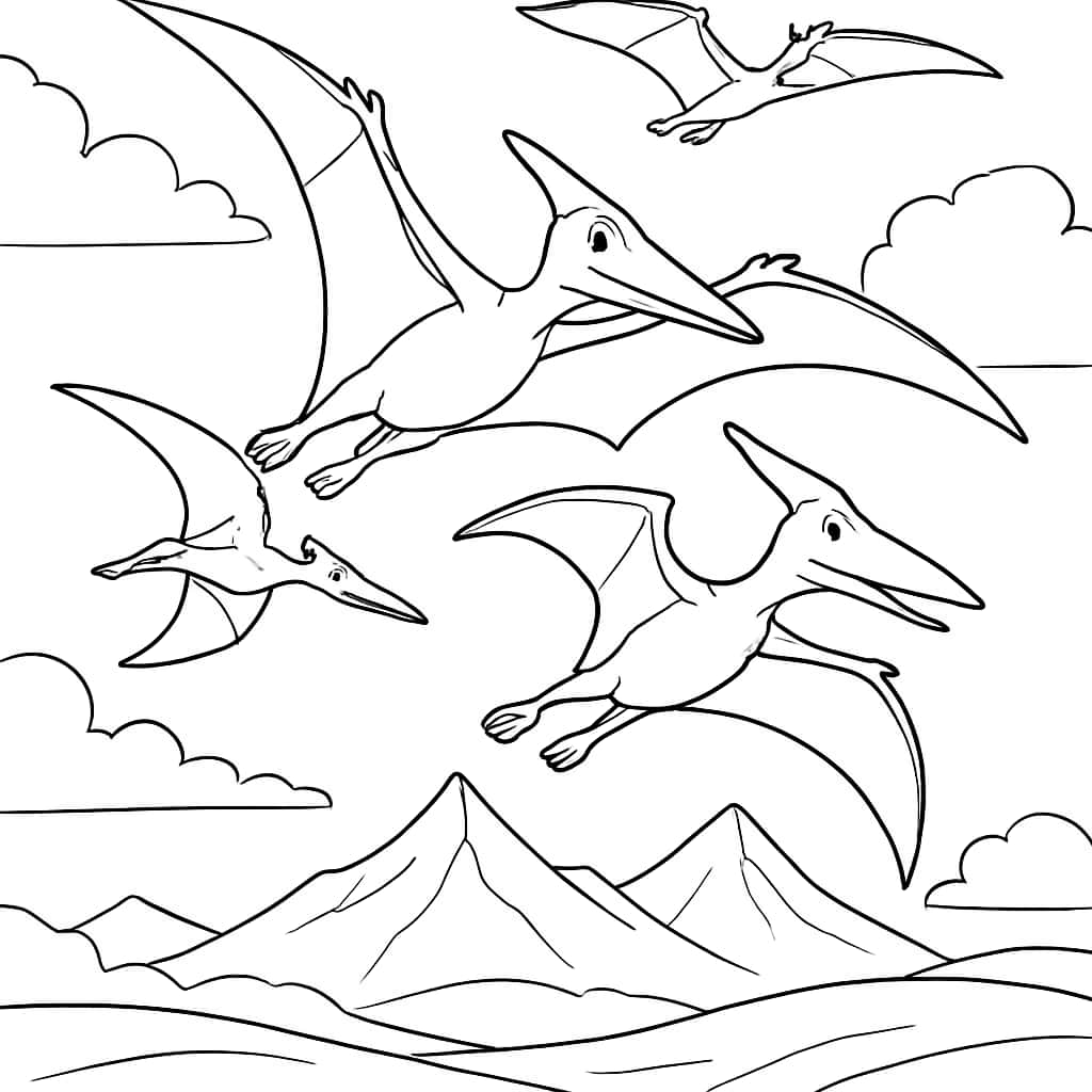 恐龙涂色页:飞翔的翼龙在天空