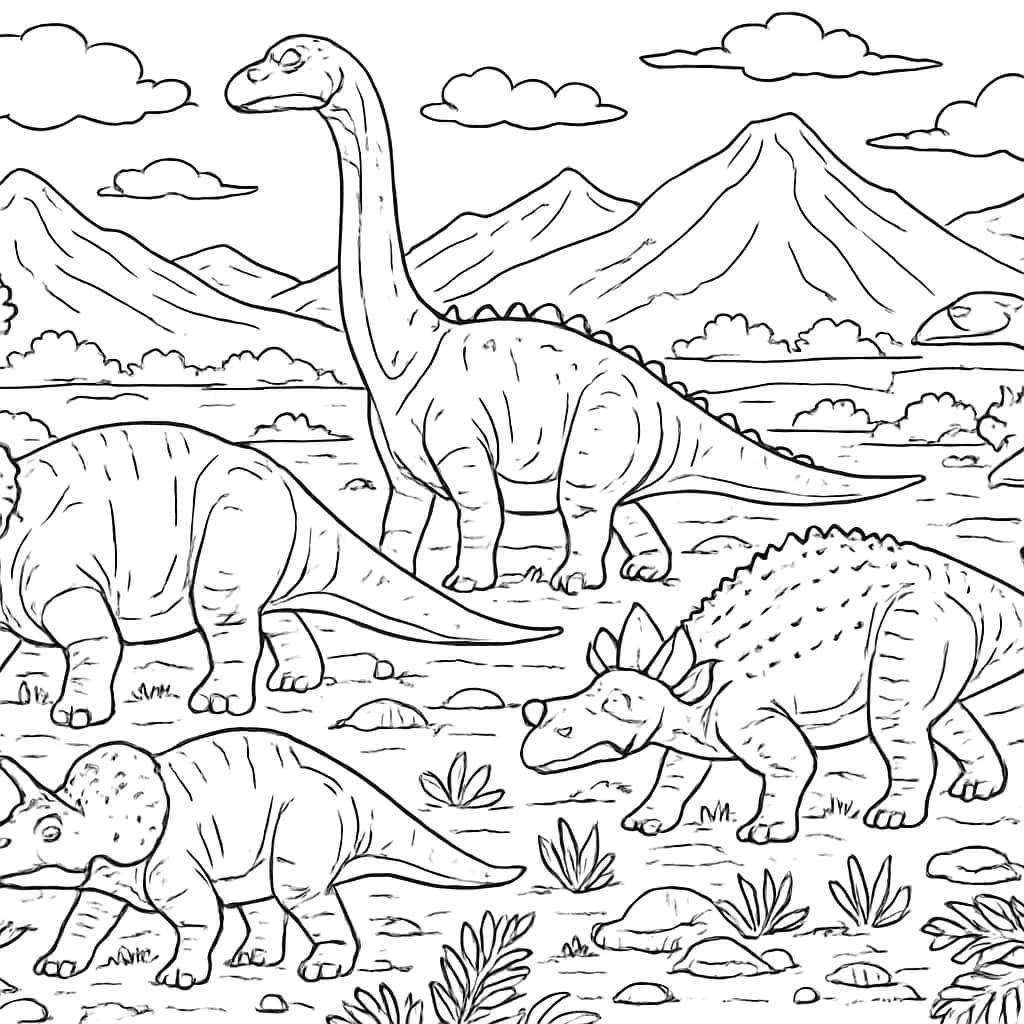 恐龙涂色页:恐龙群迁徙场景