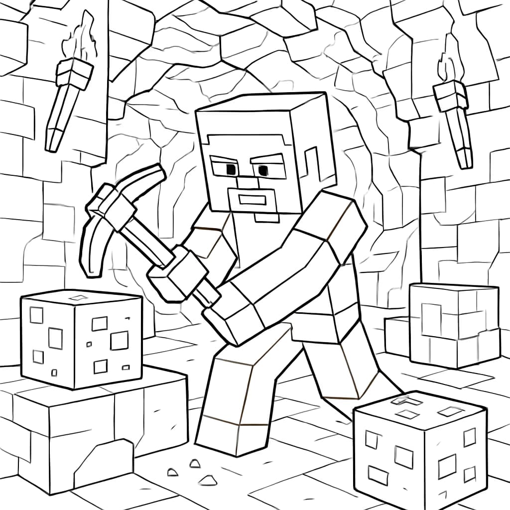Minecraft Coloring Pages – Mining Cave Scene for Teens