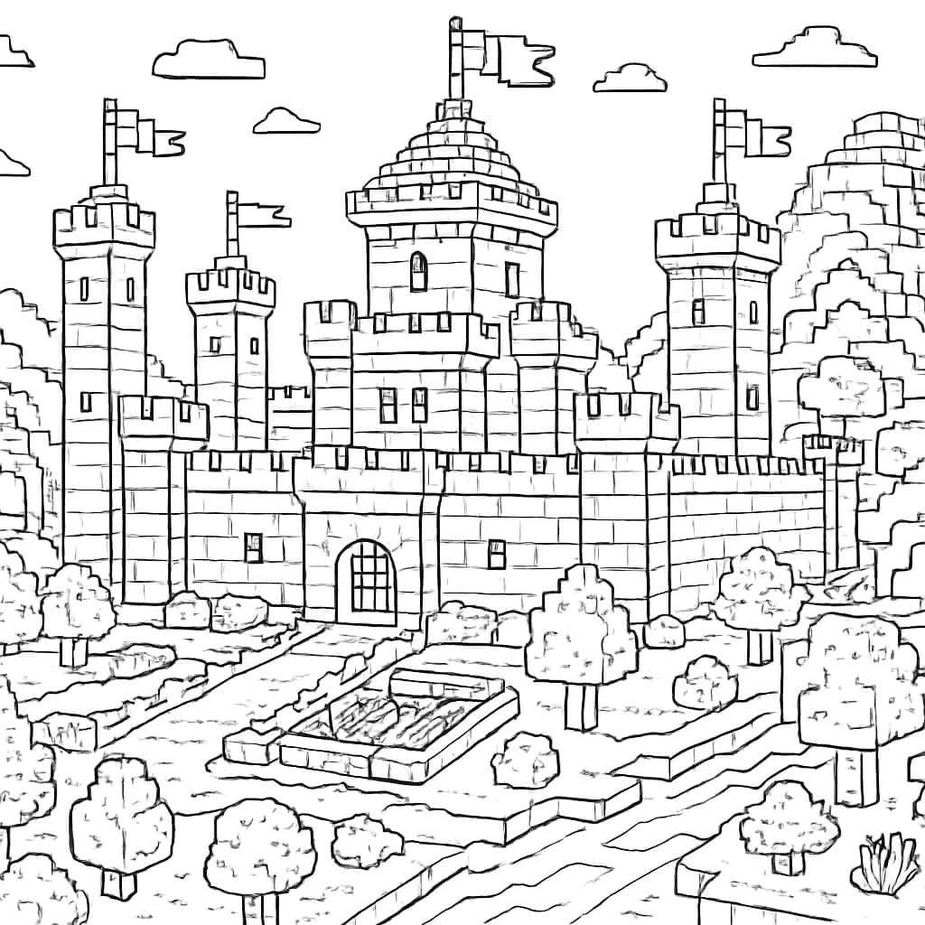 Minecraft Coloring Pages - Castle Build Scene for Adults