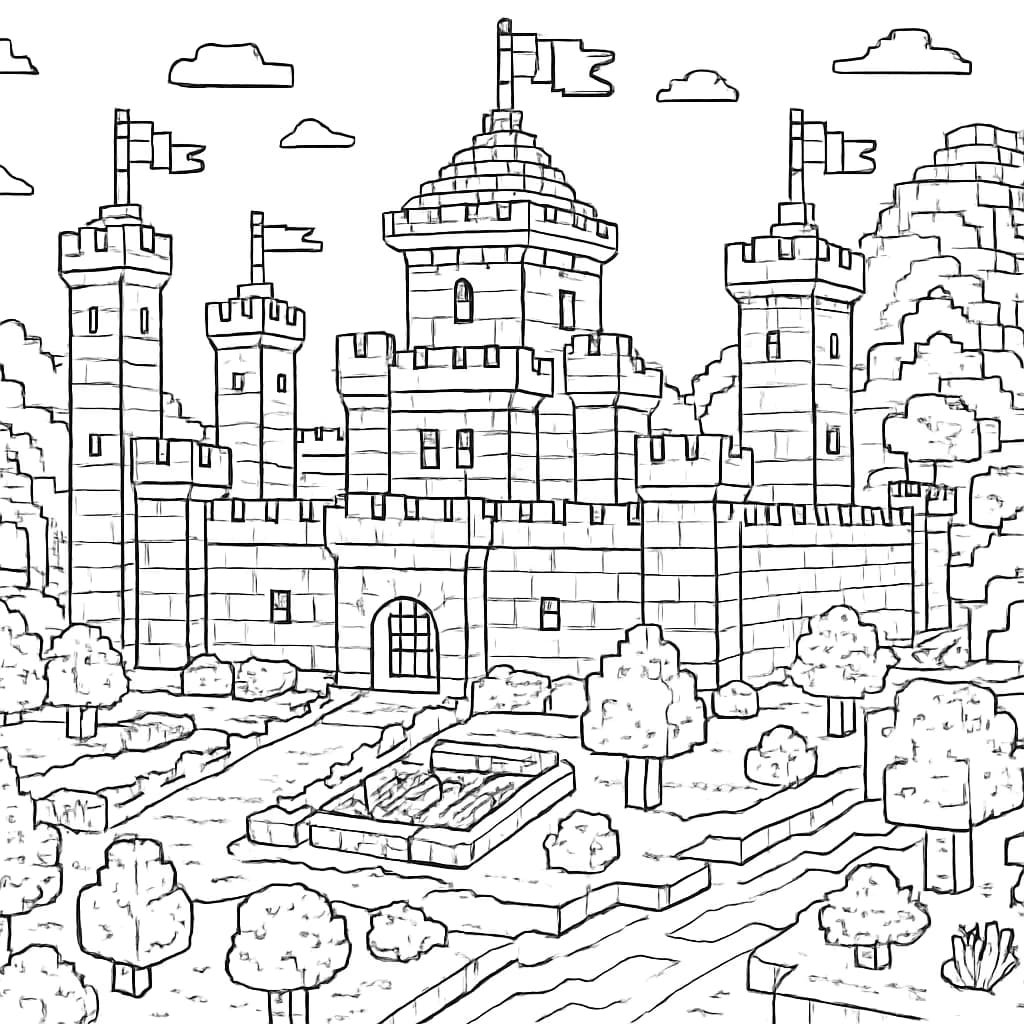 Minecraft Coloring Pages – Castle Build Scene for Adults