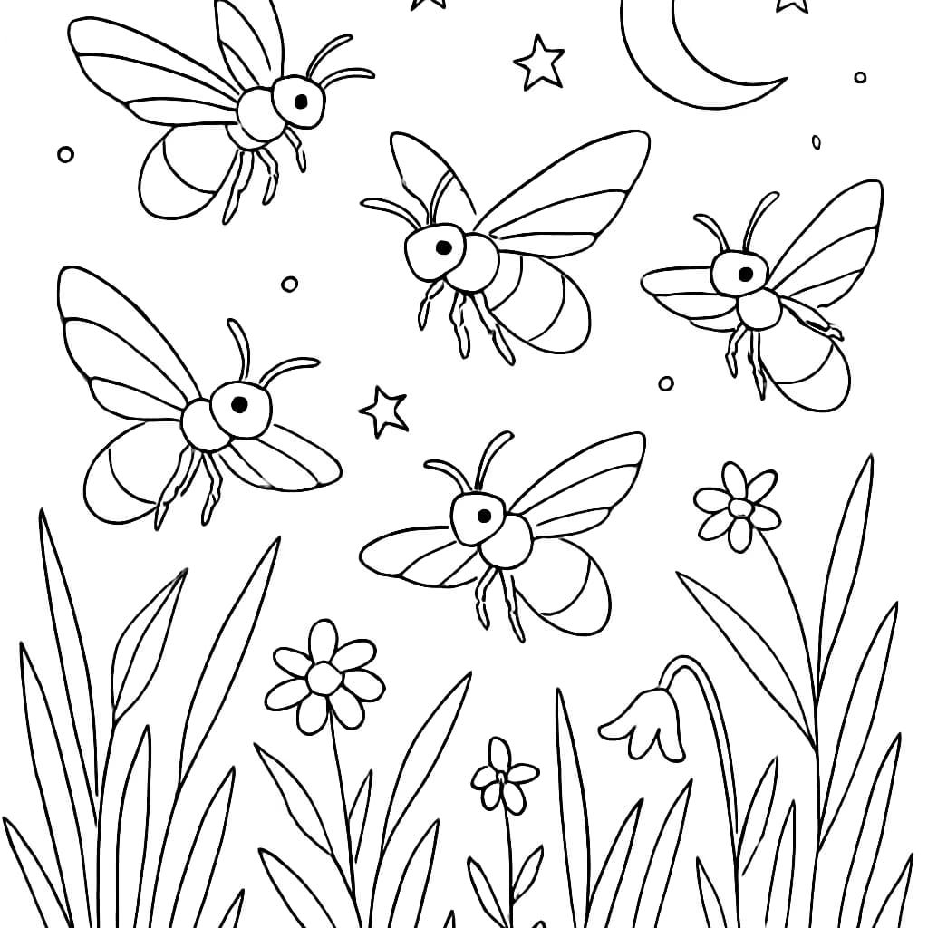 昆虫涂色页:萤火虫夜景涂色页