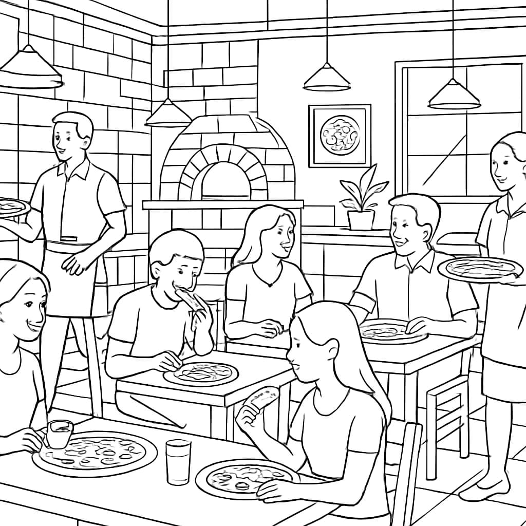 Pizza Coloring Pages – Pizza Restaurant Interior Scene