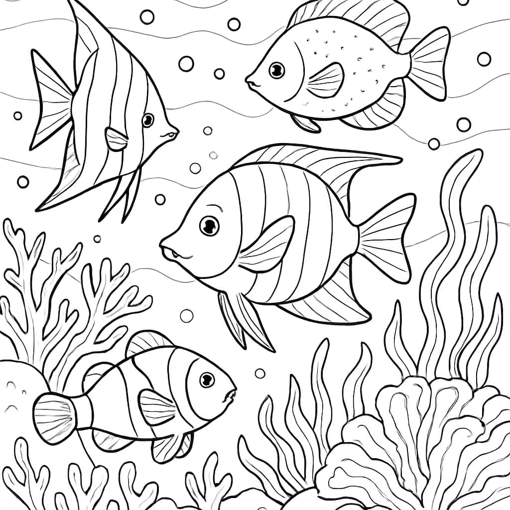夏日涂色页|热带鱼与珊瑚礁