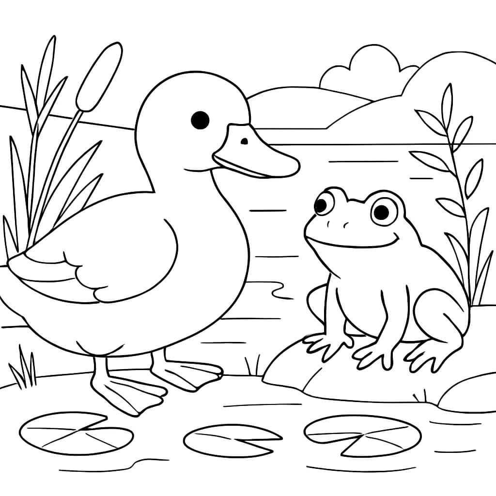 Duck Coloring Pages – Duck and Frog by Pond Printable