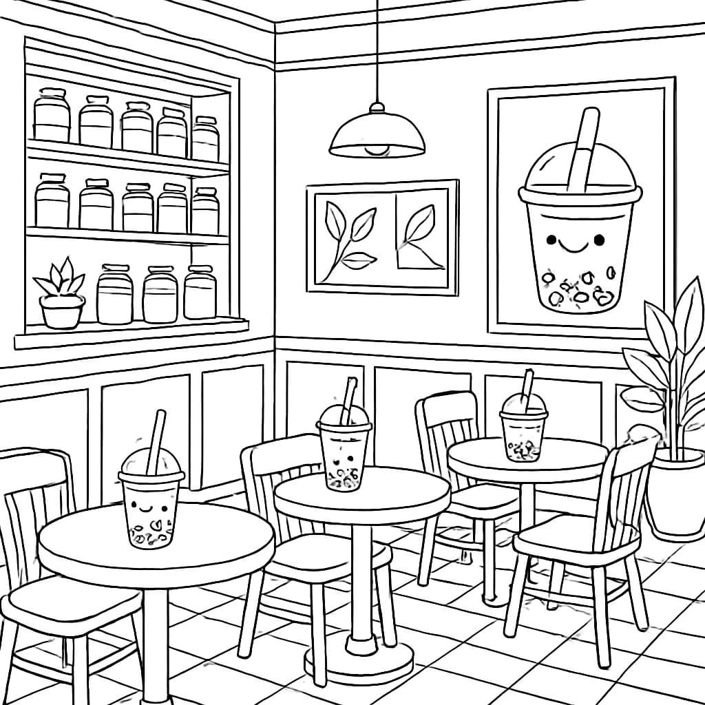 Boba Coloring Pages – Boba Cafe Interior Coloring Page for Adults