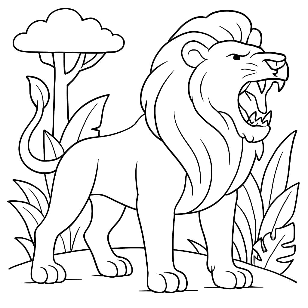 Lion Coloring Pages – Roaring Lion in Basic Jungle for Kids